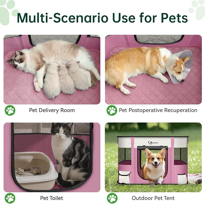 Siedihit Dog Playpen, Cat Pet Puppy Crate, Portable Playpens Indoor Outdoor (Pink with Pad, Medium)