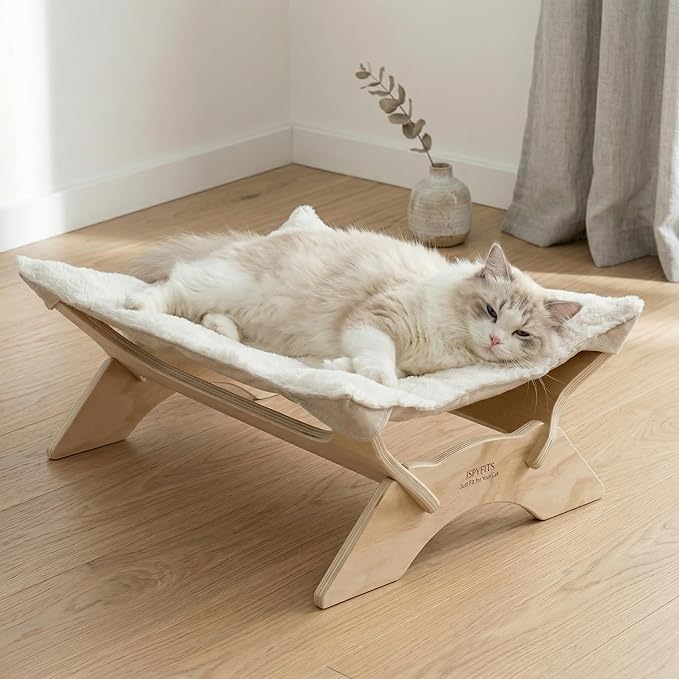 JSPYFITS Elevated Cat Bed Hammock, Raised Cat Bed with Dual-Sided Plush & Linen Cushion, Machine Washable & Breathable Cover Tool Free Easy Assembly, up to 66Lbs (White)