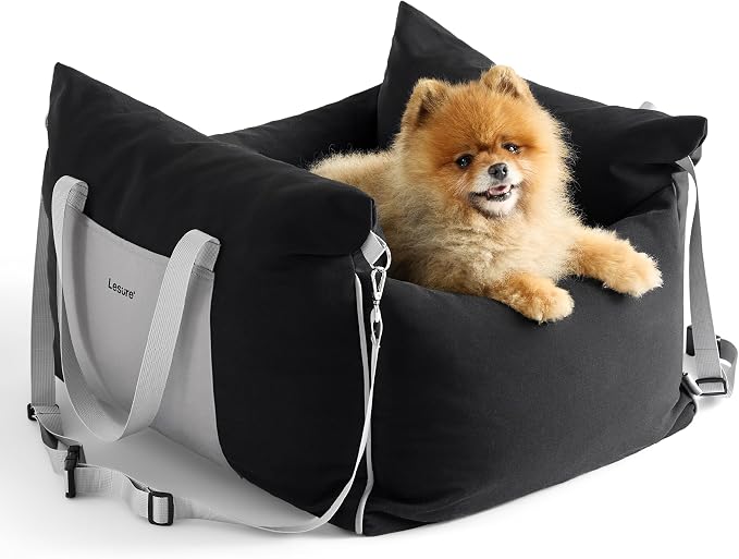 Lesure Dog Car Seat for Small Dogs,Booster Car Bed for Puppy Under 25lbs | Soft Pet Carseat with Clip-On Safety Leash and Thickened Memory Foam Filling,Dog Travel Carrier Bed with Storage Pocket,Black