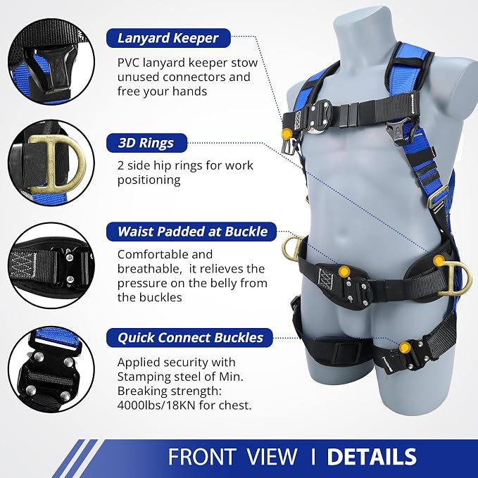 TRSMIMA Safety Harness Fall Protection - Harness Kit for Men Construction | Fall Arrest Roofing Harness Kit Men Full Body Harness with Lanyard for Work Upgrade 4 Quick Buckles Orange
