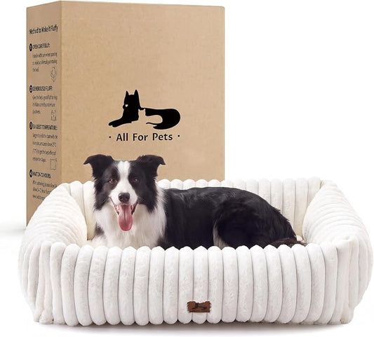 Dog Beds Large Sized Dog,Rectangle Orthopedic Pet Bed for Large Dog, Comfort Fluffy Memory Foam Dog Beds with Anti-Slip Bottom,Cream(35x25x9inchs)