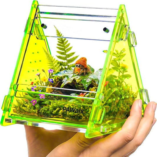 Triangular Jumping Spider Enclosure, Acrylic Terrarium with Magnetic Doors, 0.8mm Micro-Ventilation& Escape-Proof Design for Tarantulas, Lizards, Small Pets (Green,3.5”x3.5”x3.5”)