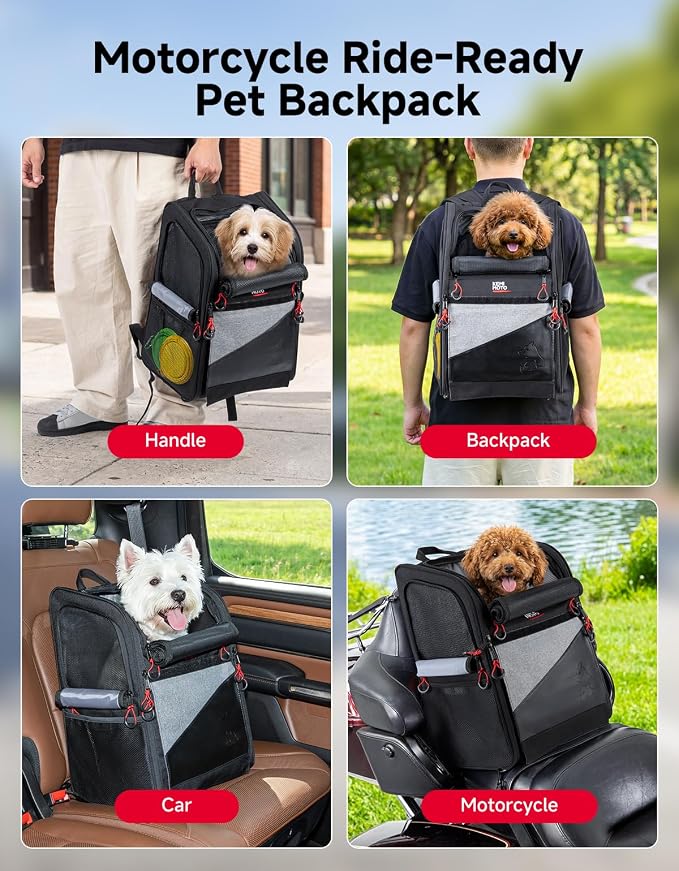 KEMIMOTO Expandable Motorcycle Dog Carrier for Small Dogs &Cat Under 17 lbs | Backpack with Anti-Escape Safety Leash, Foldable Pet Bag, Padded Shoulder Straps Fits for Touring Trike Camping, Daily use