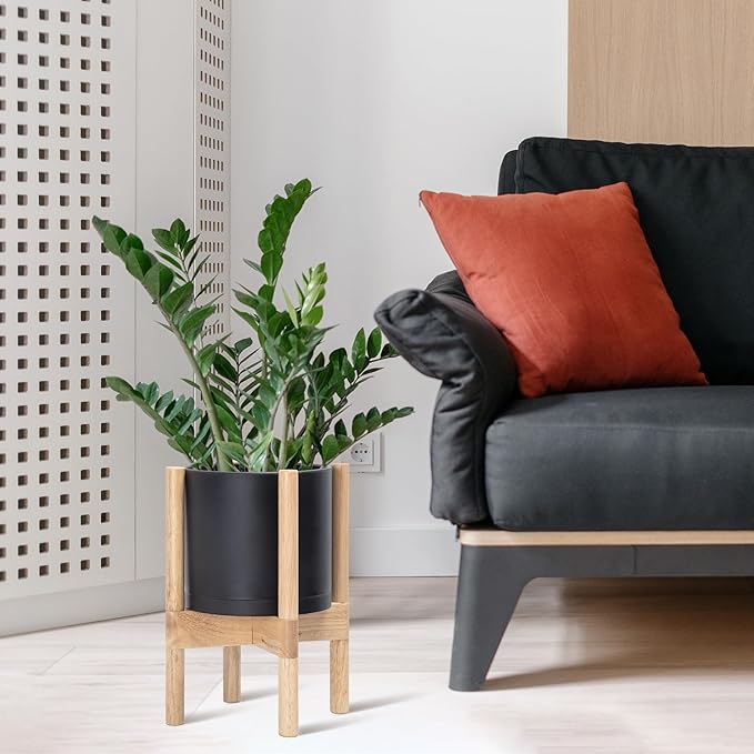 D'vine Dev Plastic Pot with Natural Wood Stand, Black, 8 in, 55-C-J-2 | Mid-Century Inspired Design, Elevated Plant Display, Clean Lines, Sturdy Support, Modern Space-Saving Style