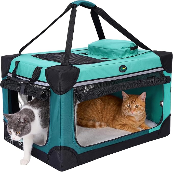 Ownpets Extra Large Cat Carrier for 2 Cats Small Dogs, 24 Inches Collapsible Soft Dog Crate for Car Travel, Portable Pet Carrier with Soft Mat | Foldable, Portable, 4-Doors, 4-Side Mesh Windows, Steel Frame Oxford Cloth, Soft Cushion Mat, Leash, Easy S...