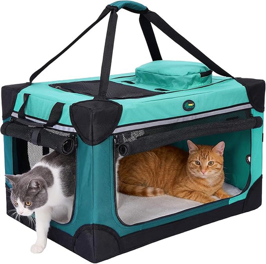 Ownpets Extra Large Cat Carrier for 2 Cats Small Dogs, 24 Inches Collapsible Soft Dog Crate for Car Travel, Portable Pet Carrier with Soft Mat | Foldable, Portable, 4-Doors, 4-Side Mesh Windows, Steel Frame Oxford Cloth, Soft Cushion Mat, Leash, Easy S...