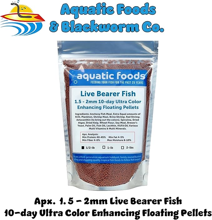 Aquatic Foods Inc. Live Bearer Ultra Red Color Enhancing 1.5mm-2mm Floating Pellets. Color Enhancing in 10-Days for Swordtails, Platies, All Live Bearers…1/2-lb Bag