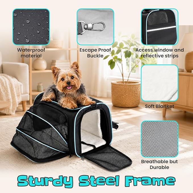 Soft-Sided Expandable Small Dog Carrier, Airline Approved for Traveling | Durable Mesh Large Cat Pet Puppy Flight Carrier for Kittens, Puppies and Rabbits, 17x11x11 Inches