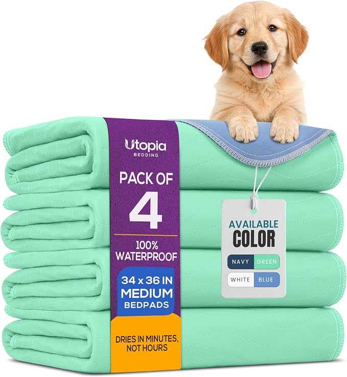 4 Pack Washable Pee Pads for Dogs 34" x 36", Waterproof Dog Training Pads | Reusable Dog Training Pads for Sofa, Incontinence Bed Pads for Adults, Elderly and Kids (Green,Blue) by Utopia Bedding