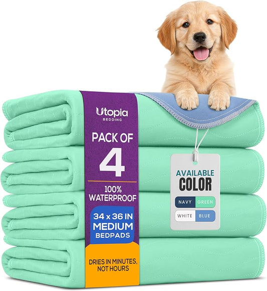 4 Pack Washable Pee Pads for Dogs 34" x 36", Waterproof Dog Training Pads | Reusable Dog Training Pads for Sofa, Incontinence Bed Pads for Adults, Elderly and Kids (Green,Blue) by Utopia Bedding