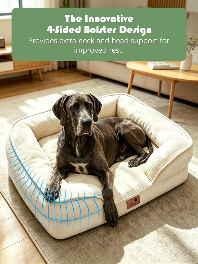 Spotted Play Orthopedic Dog Bed with Sides - Sofa Beds for Extra Large Dogs, Supportive Foam Pet Couch Bed with Washable Removable Cover, Waterproof Lining and Non-Slip Bottom, Ivory - XXL