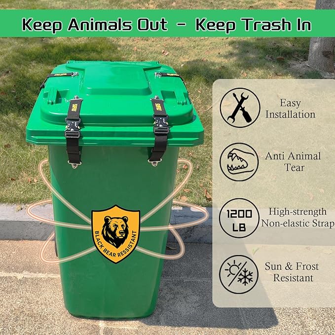 Bear Proof Trash Can Locks,Universal Animal-Proof Garbage Can Lid Straps Against Raccoons and Wildlife,Adjustable Heavy Duty Security Strap for 28-96 Gallon Outdoor Bins (4 PCS)