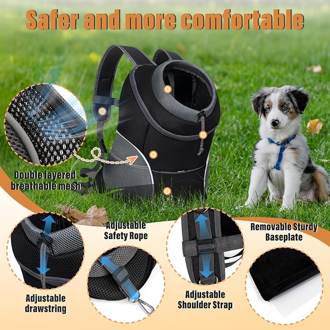YUDODO Dog Front Carrier Backpack, Adjustable Breathable Dog Backpack | Ventilated, Safety Belt, Lightweight, Reflective Strip, Pocket Storage, For Walking Hiking Outdoor, Black, M
