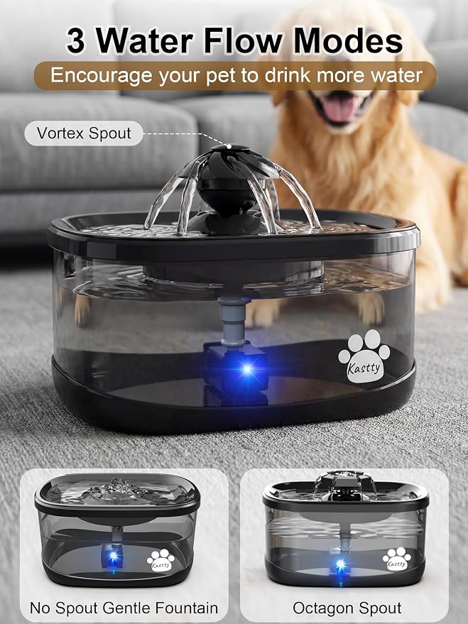 Kastty 9.5L Dog Water Fountain,Large Pet Water Fountain for Dogs Inside | 2.5Gal Quite Dog Water Bowl Dispenser with Water Window & LED,Dog Water Bowl with Multi-Filtration for Pets(FS82,Black)