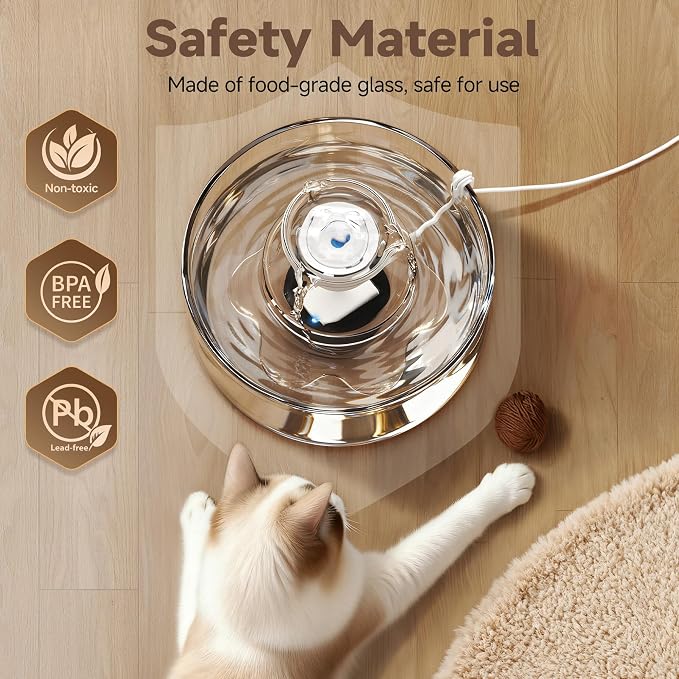 PETIMI Glass Cat Water Fountain, 2.7L/91 oz Ultra-Quiet Pet Fountain, Automatic Water Dispenser for Cats & Small Dogs, Spill-Resistant Pet Water Bowl, BPA-Free, Includes 2 Filters, Effortless to Clean