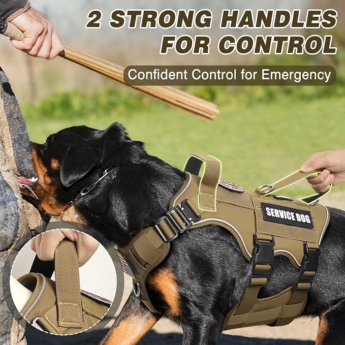 Tactical Service Dog Vest Harness and Leash Set,Heavy Duty Dog Harness with Metal Buckles for Large Dogs,Adjustable No Pull Pet Vest with 10 Patches,for Training Working,Brown L