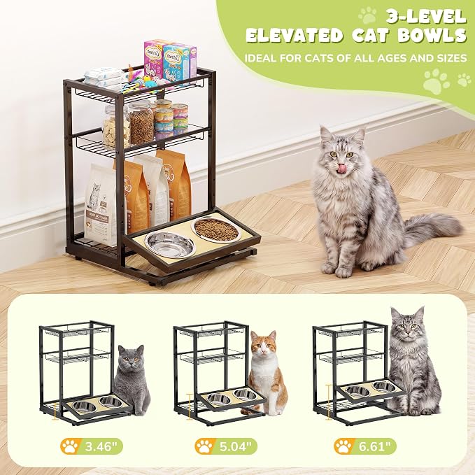 Elevated Cat Bowl Stand Feeding Station, 3-Tier Cat Food Organizer & Storage, Pet Feeding Station with Cat Table, Cat Food Stand for Large Medium Cats, 3 Height Adjustable, Black