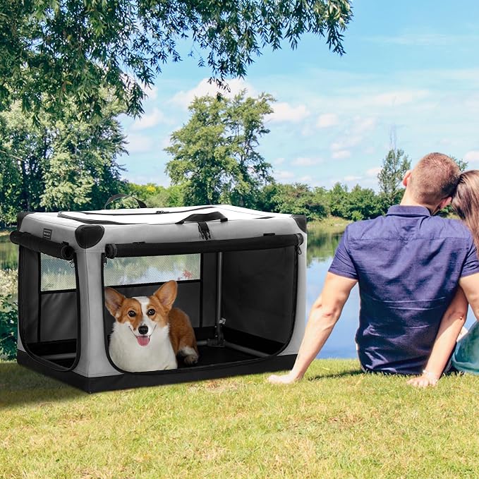 PETSFIT 30" Soft Portable Dog Crate – Patented Spiral Sturdy Frame, Collapsible Travel Kennel for Medium Dogs, 3 Mesh Door, Lockable Zippers, Indoor & Car Use Gray