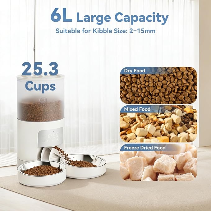 Sweetcrispy Automatic Cat Feeder for 2 Cats, 6L Automatic Pet Feeder, White | 25.3 Cups, 2 Stainless Bowls, Programmable Schedule, 6 Meals/Day, 50 Portions/Meal, Dual Power Supply, 10s Meal Call