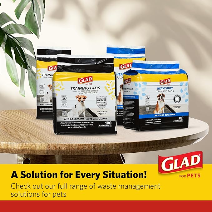 Glad for Pets Activated Carbon Puppy Training Pads with Anti-Microbial Technology, Odor Control Pee Mats for Dogs, 6-Layer Leak-Proof Heavy Duty Indoor Potty Pads, 23 x 23 Inches, 100 Count