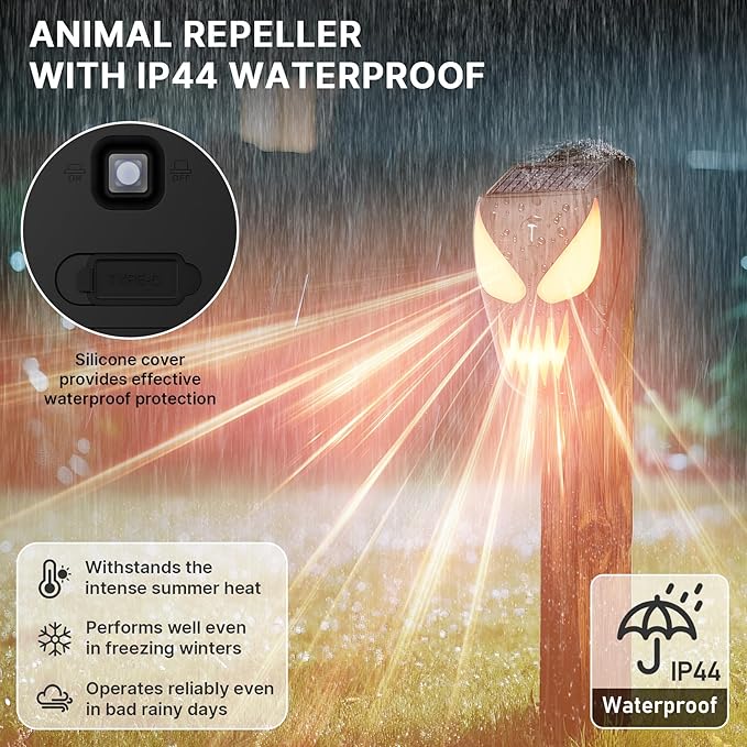 Solar Nocturnal Animal Repeller with Flickering Flame, Waterproof Solar Racoon Repellent Outdoor Coyote Deterrent for Fox, Raccoon, Skunk, Deer - Predator Light for Chicken Coop, Garden (2Pack-Black)