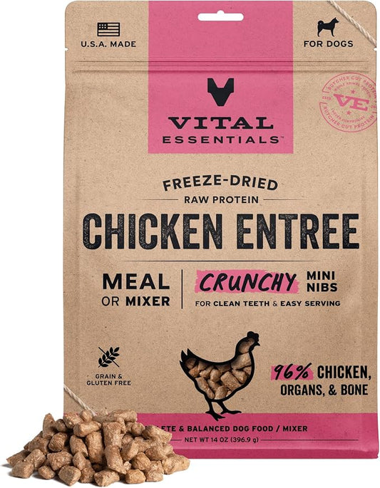 Vital Essentials Freeze Dried Dog Food, Chicken Mini Nibs, 14 oz Bag | Crunchy, Complete Meal or Topper, Made With 96% Chicken, Organs & Bone, High Protein Raw Nutrition, Grain-Free Recipe