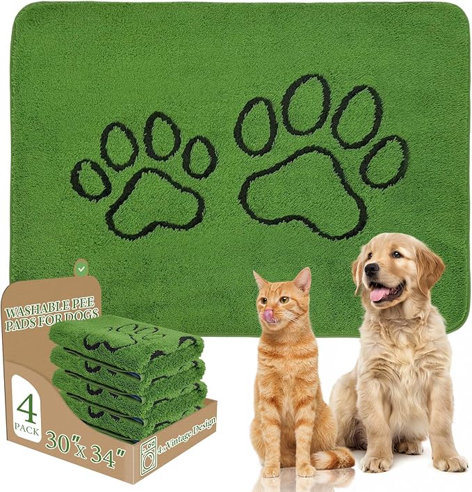 Homimp Washable Pee Pads for Dogs, 4 Pack Super Absorbent Reusable Puppy Pads, Green Long Wool Fake Grass for Potty Training, Upgrade Non-Slip and Leak-Proof,Floor, Couch, Bed, and Crate,Green 30"×34"