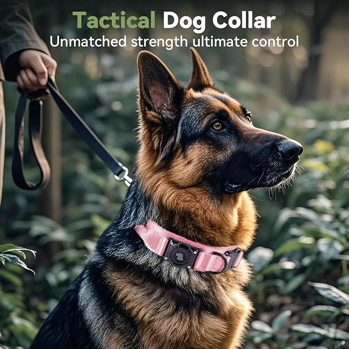 2026 Upgrade Waterproof AirTag Dog Collar, Military Tactical Dog Collar with AirTag Holder, Comfortable Control Handle and Metal Buckle, GPS Dog Collar Holder for Medium to Large Dogs (Pink, XL)