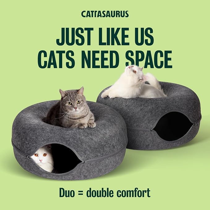 Peekaboo Cat Cave Donut for Multiple & Large Cats up to 30-45 lbs, 3-in-1 Self Warming Cat Bed, Tunnel & Scratcher for Indoor Cats, Washable & Detachable (Dark Gray + Dark Gray, Large)