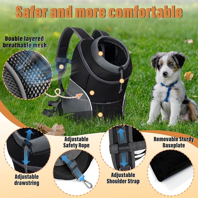 YUDODO Dog Front Carrier Backpack, Adjustable Breathable Dog Backpack | Ventilated, Safety Belt, Lightweight, Reflective Strip, Pocket Storage, For Walking Hiking Outdoor, Black, L