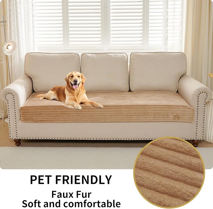 HAOMAIJIA Waterproof Couch Cover for Dogs Washable,Faux Fur Pet Couch Covers for Sofa,Soft Dog Bed Cover Non-Slip Couch Covers for 3 Cushion Couch Sofa Pet Friendly (Khaki, 23" x 23" 2 Pack)
