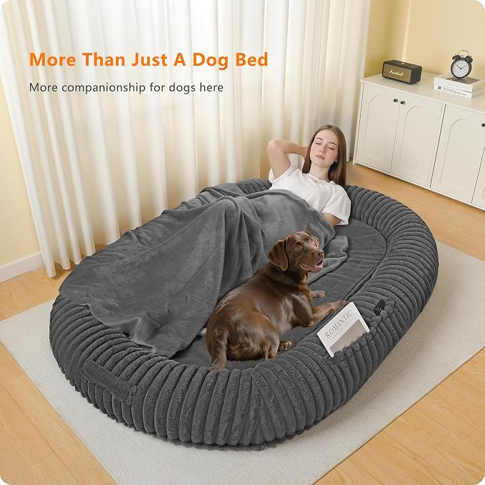 Human Dog Bed for Adult, Orthopedic Gel Memory Foam, 71"x47"x9" | Human Dog Bed Fits Adult & Pets, Reversible Egg-Crate Foam Cushion, Washable Pet Bed with Blanket, Medium Grey