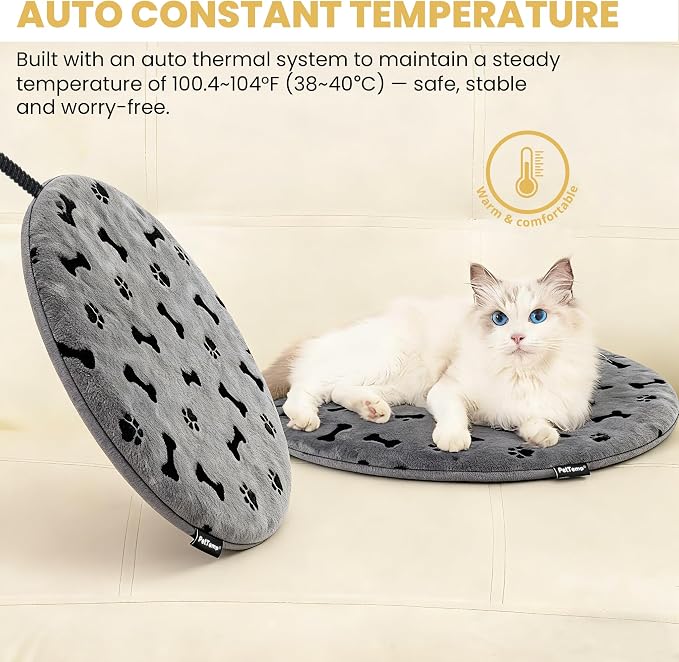 Pet Heating Pad for Cats Dogs Indoor & Sheltered Outdoor Waterproof Heated Cat Bed Heated Dog Bed Chew Resistant Cord Constant Temperature Gray Paw Print Round 16 Inch