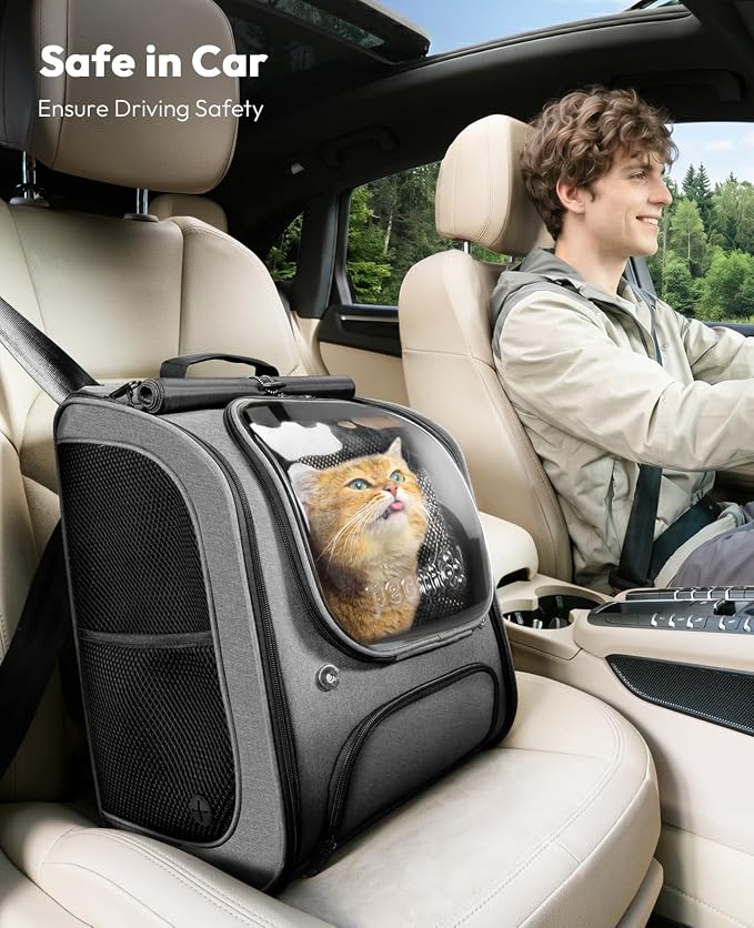 Pecute Cat Backpack Carrier,Large Space Dog Backpack,Ergonomic,Gray | Sunshade Curtain,Transparent Window,Safety Rope,Sturdy,Large Mesh on Both Sides for Breathability,Suitable for Outdoor,Vet