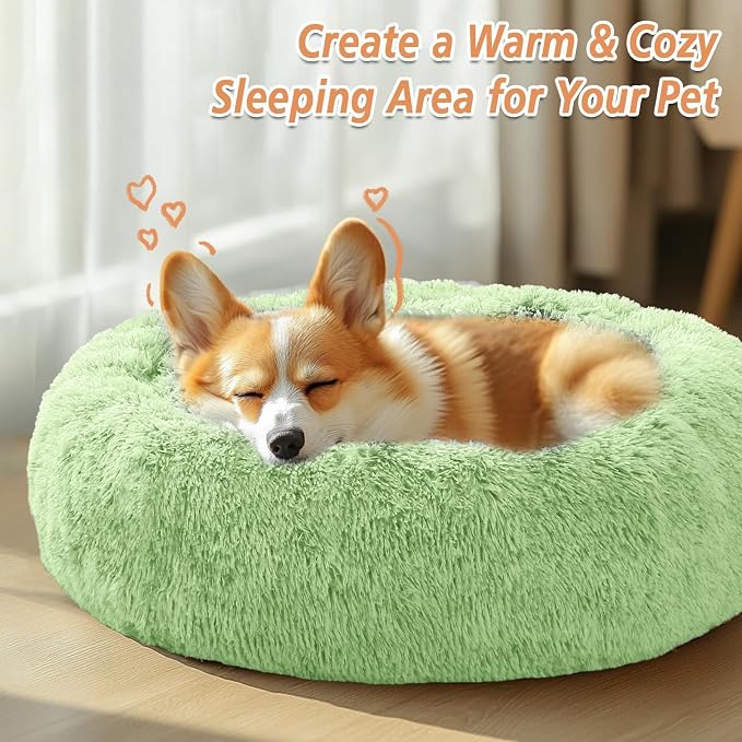 JOLLYVOGUE Calming Dog Bed Medium Size Dog, 31in Donut Washable Medium Pet Bed, Anti-Slip & Anti-Anxiety Fluffy Faux Fur Round Dogs Bed, Fits up to 45 lbs Pets (Light Green)