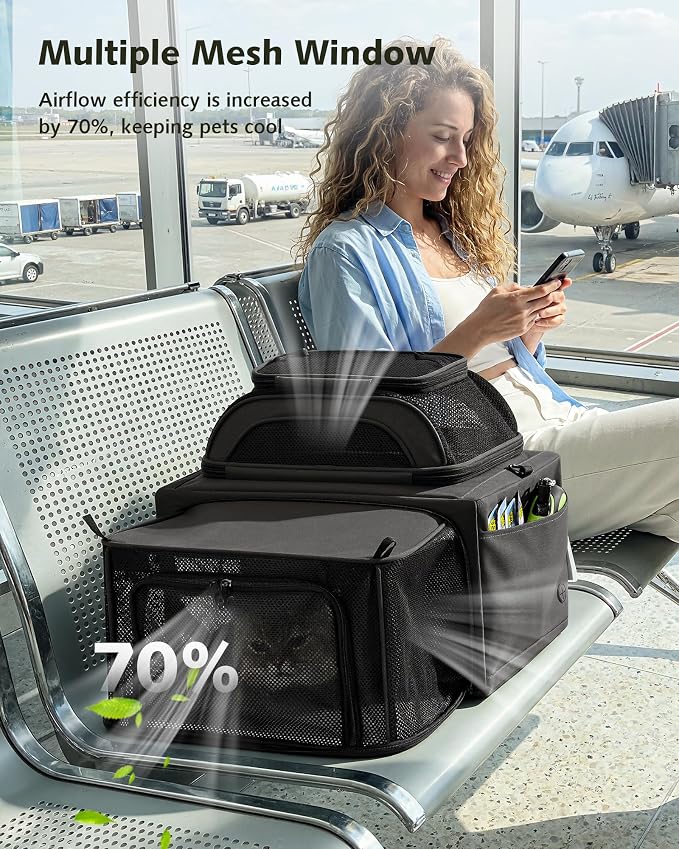 Pecute Top Expandable Airline Approved Pet Carrier for Cats, Dark Gray | Top side expandable, breathable scratch-resistant mesh, leakproof pee pad, locking zippers, foldable travel bag under 11lbs