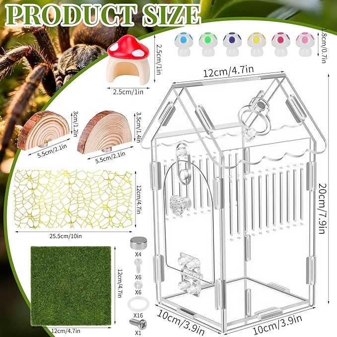 Hysagtek Jumping Spider Enclosure, Acrylic Arboreal Tarantula Enclosure Small Reptile Terrarium with Magnetic Door, Clear Jumping Spider Enclosure Accessories