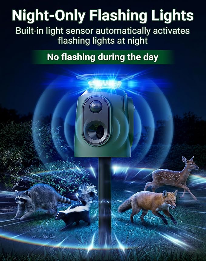 360° Solar Deer Repellent Devices, Ultrasonic Animal Deterrent with Motion Sensor & LED Lights, Waterproof Cat Repellent Outdoor, Repel Dog, Raccoon, Skunk & Coyote Out of Garden - USB Rechargeable