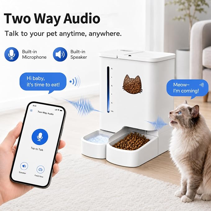 Waithem Automatic Cat Feeder with Camera, 5GHz/2.4GHz WiFi Smart Pet Food Dispenser with HD Night Vision, App Remote Control, 2-in-1 Food and Water Station, Detachable for Cleaning (Ice White)