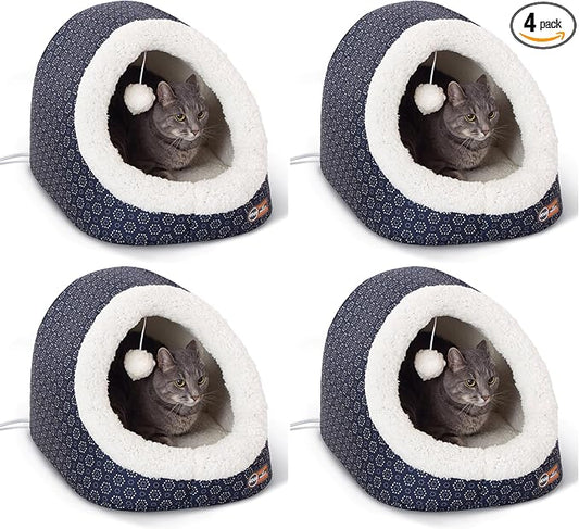 K&H Pet Products Thermo-Pet Cave Heated Cat Bed for Large Cats, Indoor Heated Warming Bed for Dog & Cat, Covered Cave Pet_Tent, Collapsible,Machine Washable,Safety Listed-17X15X13in Navy (Pack of 4)