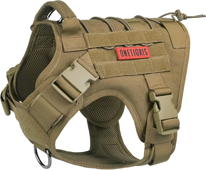 OneTigris Tactical Dog Harness with Handle No-Pull Adjustable for Small Dog | Military 1000D Pullable Nylon, Service Dog Vest with Hook & Loop Panels, Easy On & Off for Walking Hiking Training Brown S