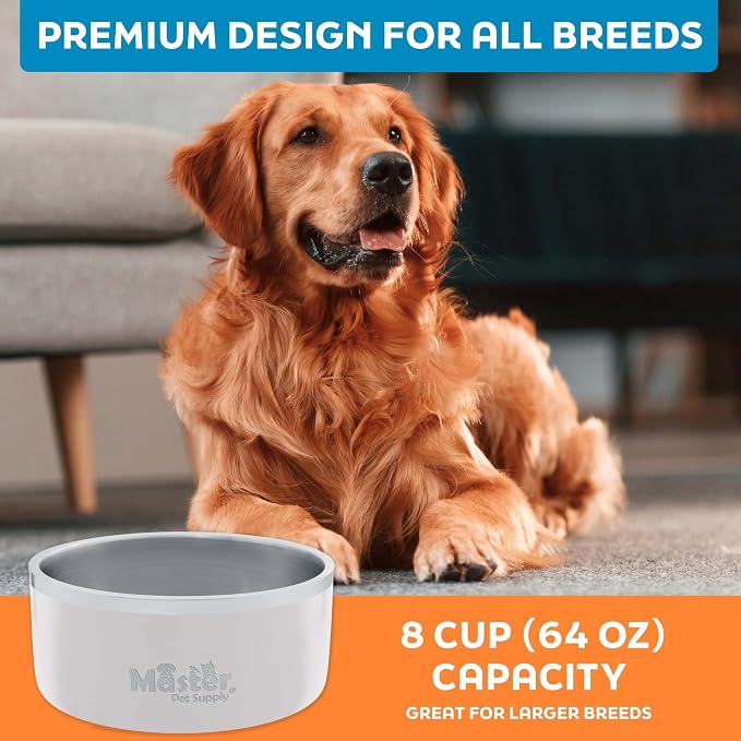 Master Pet Supply Stainless Steel Dog Bowls - 64 oz, Heavy Duty - Bone White, Double Wall Extra-Thick Insulated, Non-Slip Pet Water Bowl for Dogs, Cats & Pets, Anti Rust Metal, Dish Washer Safe