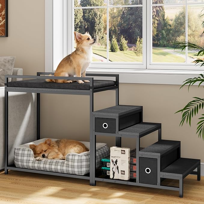 kepptory Pet Bunk Bed with Stairs and Storage, Dog Beds Attachment to Human Bed, Bedside Dogs Cot for Small, Medium Cats & Dogs, Pet Window Perch (Black)