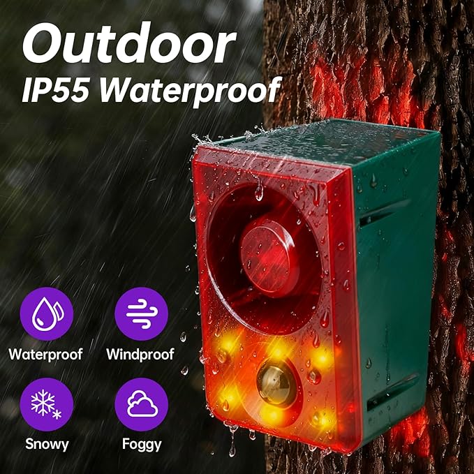 Solar Motion Sensor Alarm Outdoor,Dog Barking/Gunshoot,with Remote Control,Support Recording,130 Loud Noise Maker,±Volume,6LED Strobe Lights and USB,Say Goodbye to Intruders,for Villa,Yard,Farm,Barn