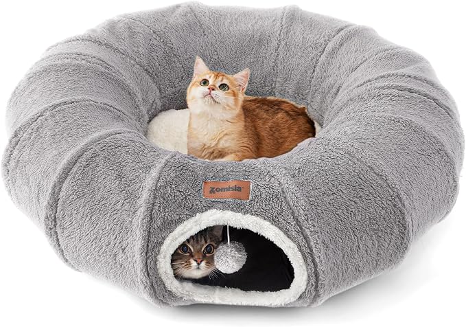 ZOMISIA Cat Tunnel Bed for Indoor Cats, Cute Cat Donut Toy Tunnel for Small Large Cats, Peekaboo Pet Cave Play Tunnel for Kitten/Rabbit,Grey