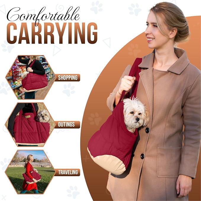 Plush Dog Purse Carrier for Small Dogs, Soft Dog Tote Bag with Safety Harness Clip, Cozy Pet Carrier for Dogs Under 15 lbs, Comfortable Dog Shoulder Carrier for Travel, Red