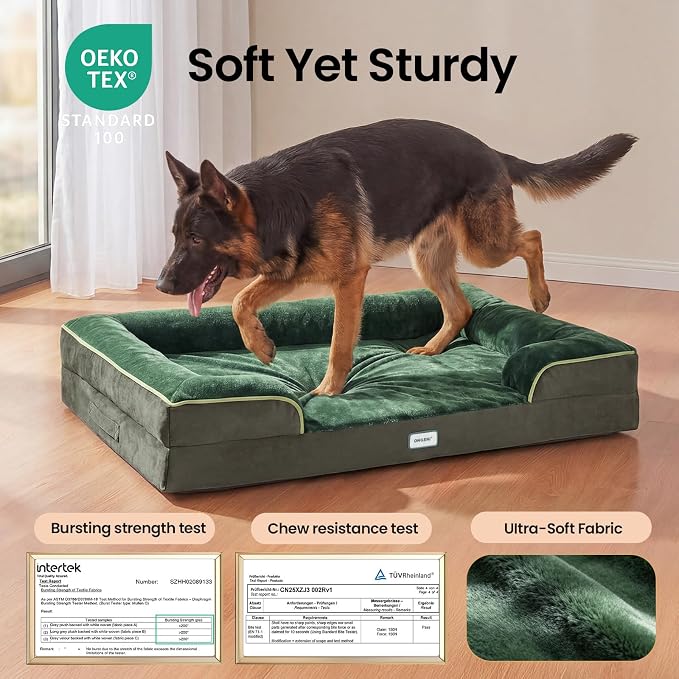 OhGeni Orthopedic Extra Large Dog Bed Couch, Memory Foam, 44-inch (Green) | Waterproof Pet Bed with Machine-Washable Removable Cover & Soft Comfortable Fabric