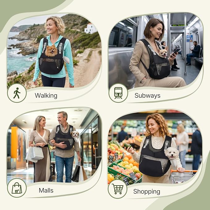 Dog Sling Carrier for Small Dogs with Thicken Bottom Support 10-18 lbs | Adjustable, Hands Free, Breathable Mesh, Comfortable, Lightweight, Vet Visits, Anxiety, Travel, Hiking, Safety Clip, Black