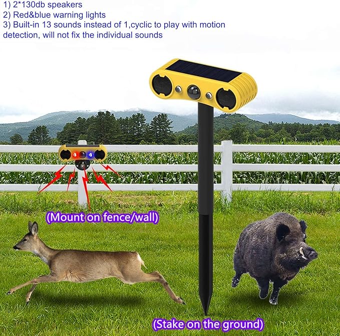 HULPPRE Solar Outdoor Motion Sensor Alarm-13 Sounds Including Dog Barking&Gunshot,2 * 130db Loud Noise Maker,4 Modes,Red&Blue Motion Activated Strobe Light,Say Goodbye to The Intruders