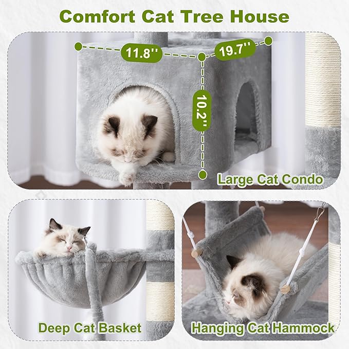 Gitelsnour Cat Tree, Cat Tower for Large Cats with 2 Big Platforms, 2 Baskets, condo and Toys, 63" Cat Scratching Posts for Indoor Cats, Light Gray GCT020W